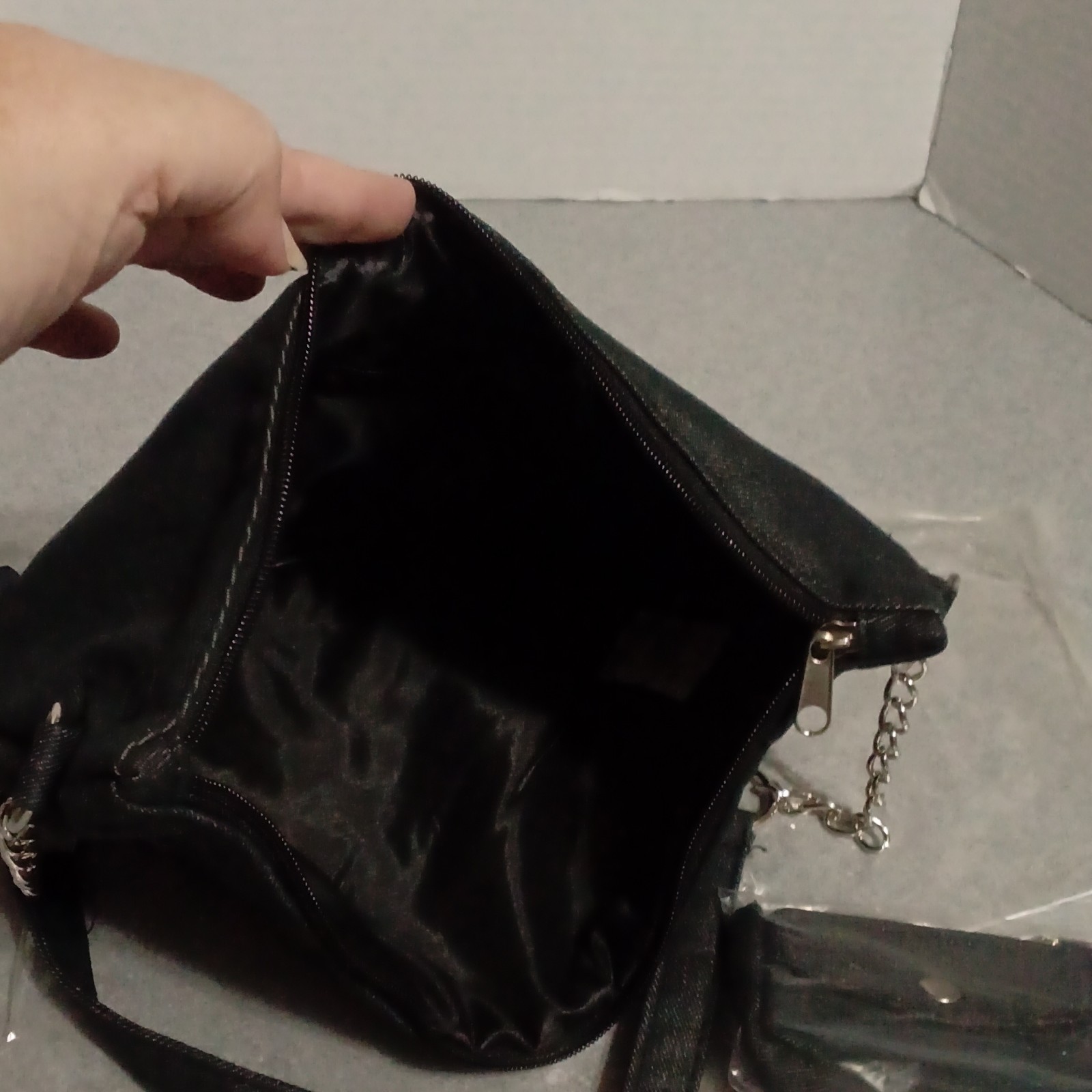 Black Quilted Shoulder Bag, Zip, Chain Strap, Silver Hardware, Coin Purse / Key