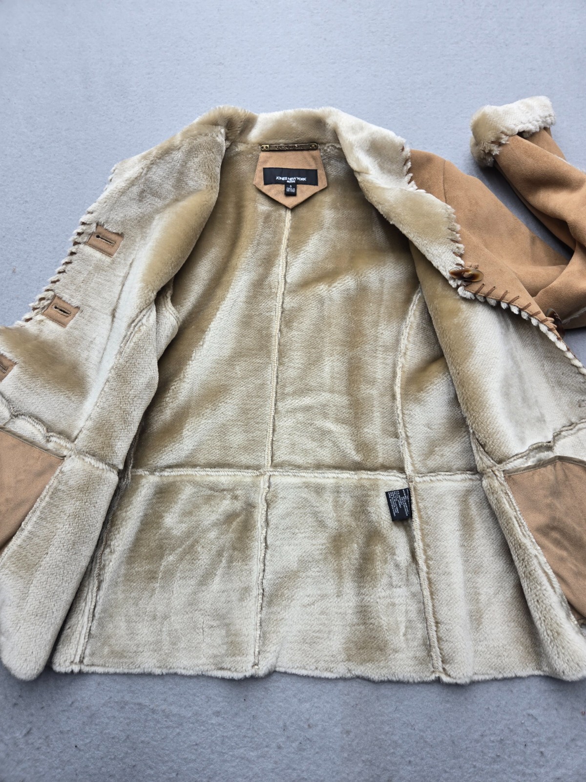 Jones New York Women Coat Small Brown Faux Fur Collared Lapel Stitching Casual