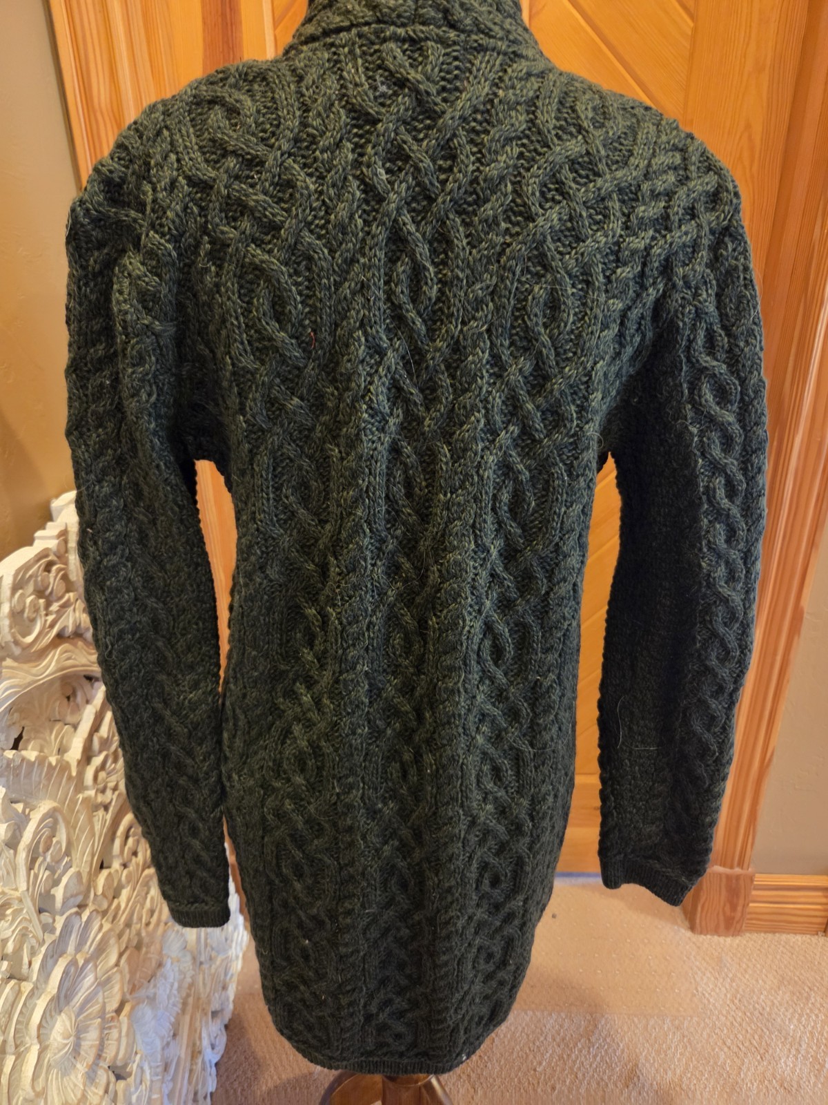 Aran Crafts Of Ireland 100% Wool Dark Green Open Front Long Cardigan Size L