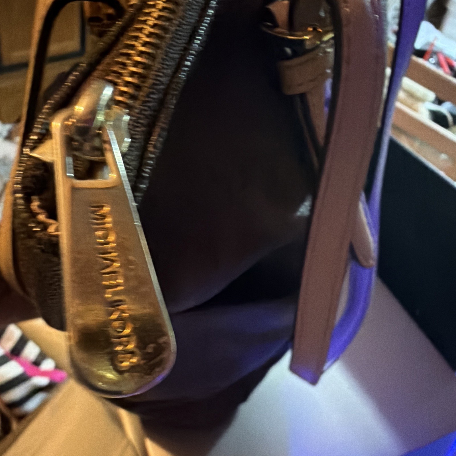 Michael Kors Brown Large Tote Logo Pattern Zip Top Gold Hardware Bag Charm