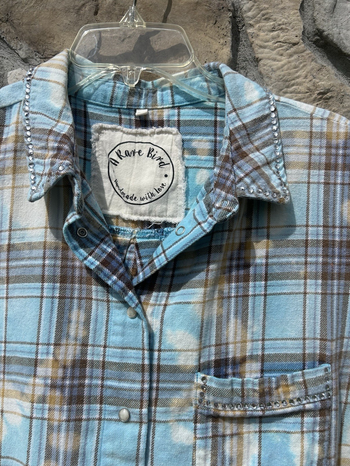 A Rare Bird Top One Size Blue Plaid Rhinestone Boho Shabby Chic Western Snap Up