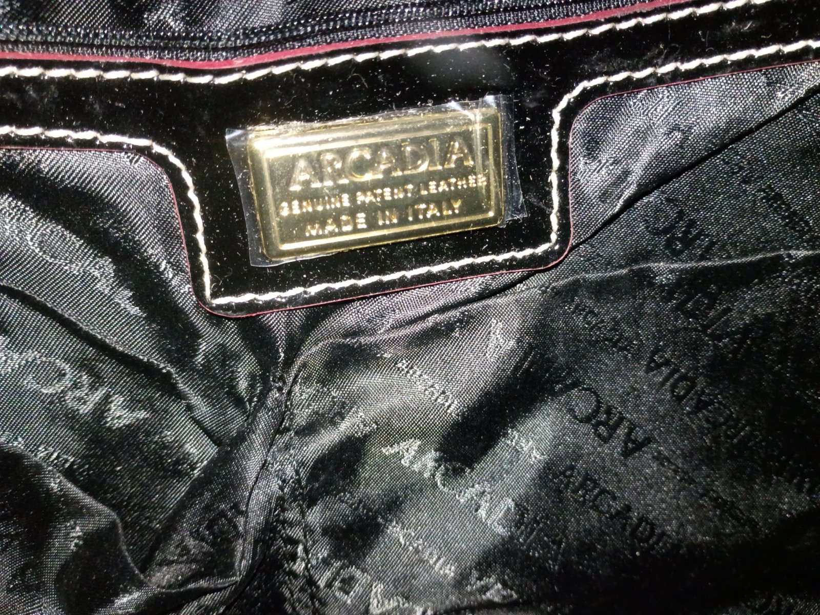Arcadia Black Patent Pink Trim Zip Top Handle Satchel, Made in Italy, Dust Bag