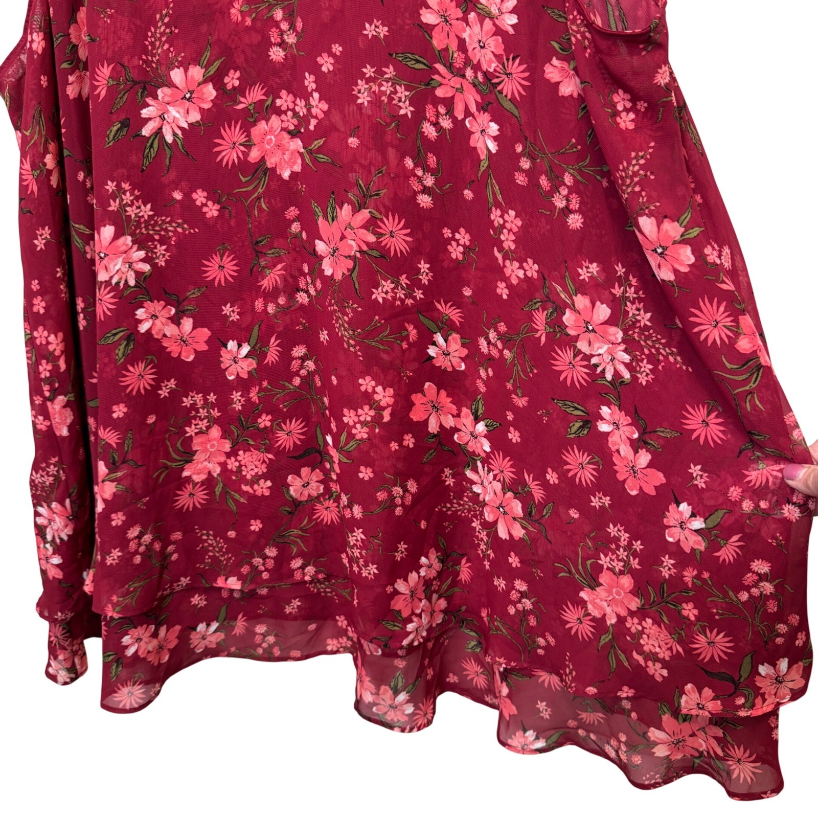 Lane Bryant Womens Blouse 22L Burgundy Pink Floral Tiered Chiffon Boho V-Neck