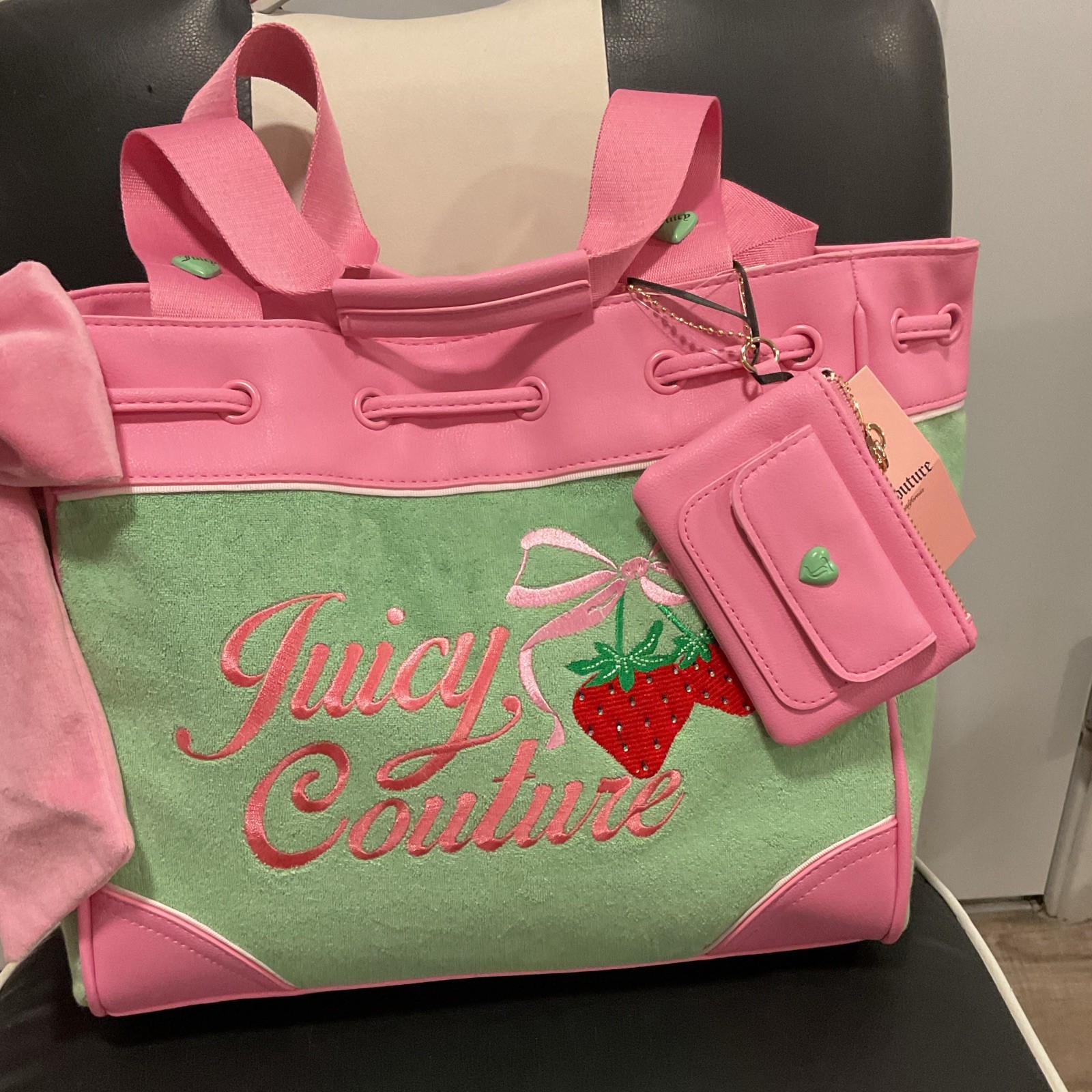 Juicy Couture Pink & Green Strawberry Logo Tote Bag w/Coin Purse Gold Hardware