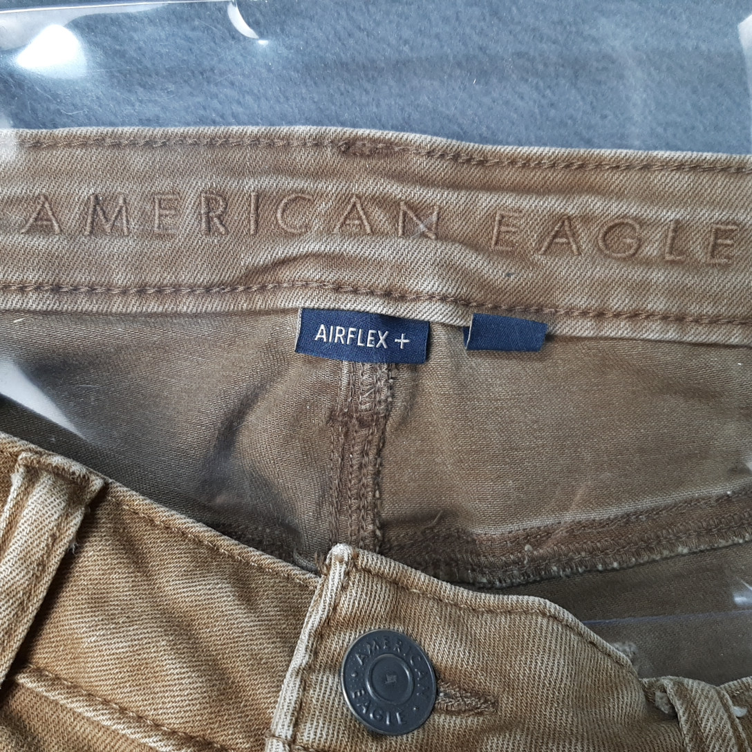 American Eagle Jeans Mens 32×30 Brown Tan Denim AirFlex Preppy Faded Whiskering
