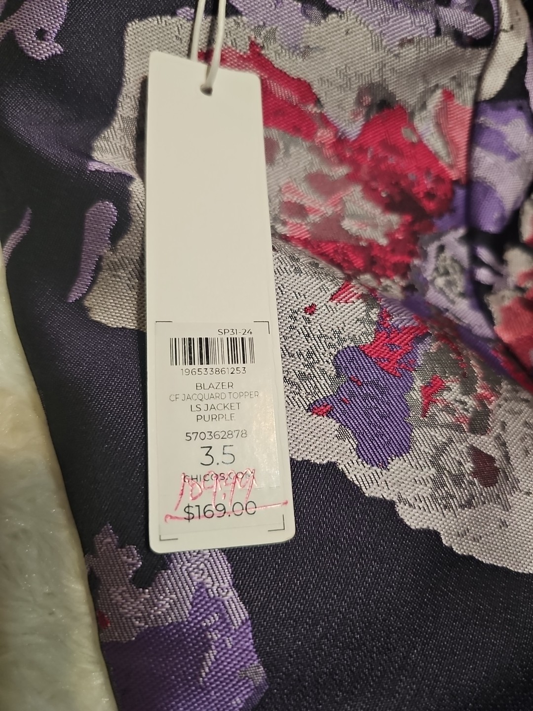 Chicos Floral Brocade Topper Jacket Coat Purple Pink Metallic Jacquard 3.5 US 18