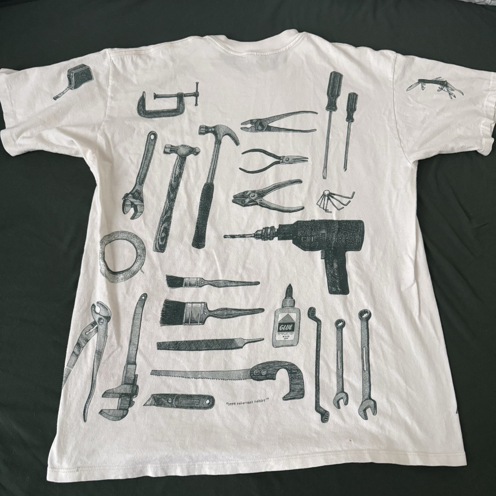 Vintage 1995 Relevant Products All Over Print T Shirt Power Tools Mens XL