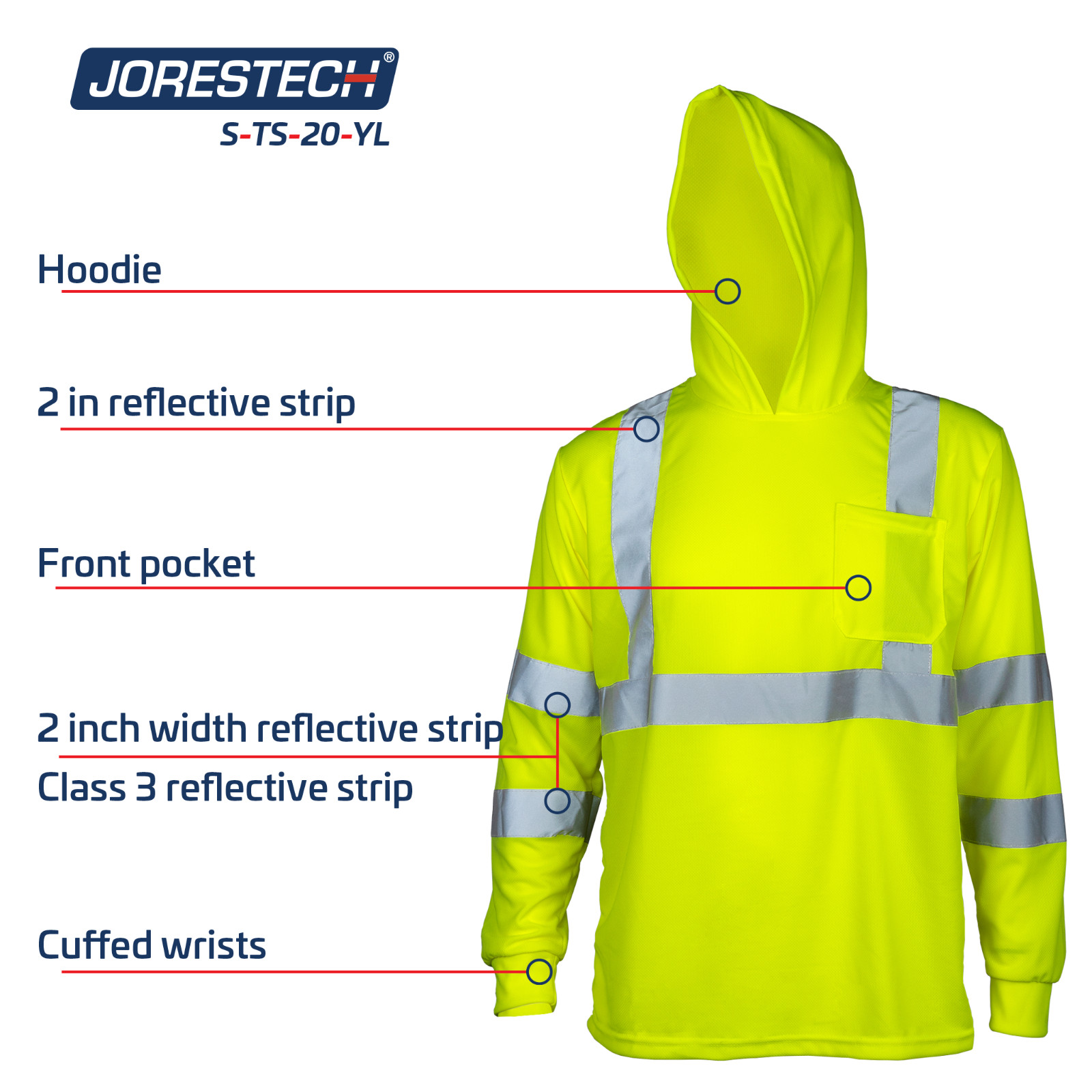 Hi Vis T Shirt hoodie ANSI Class 3 Type R Reflective Safety Long Sleeve