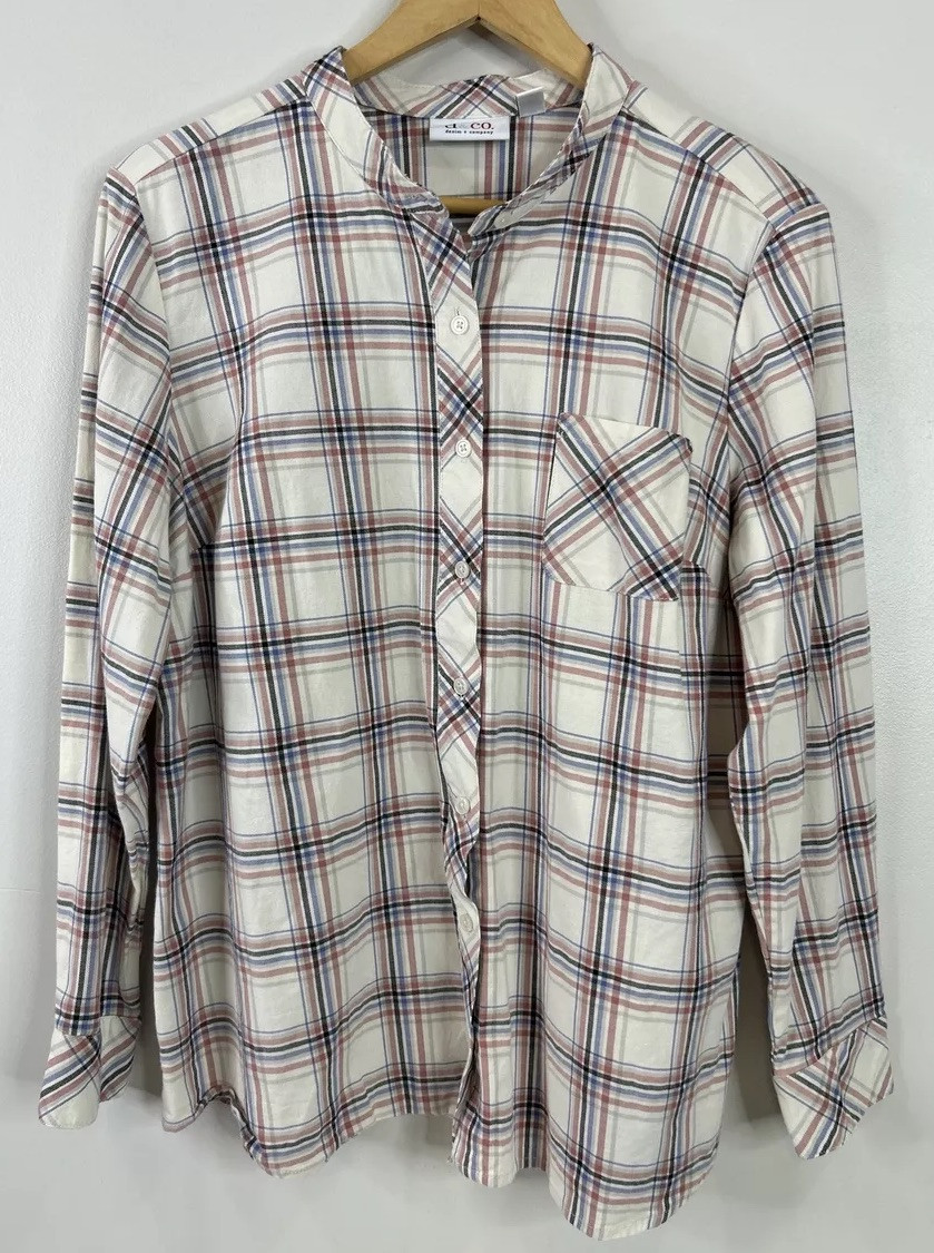 D & Co Women’s L Ivory Pink Blue Plaid Long Sleeve Button Up Blouse