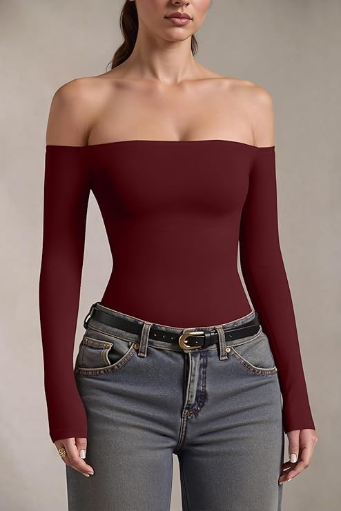 OQQ Bodysuit Womens Off-Shoulder Long Sleeve Seamless Shapewear Top Red M