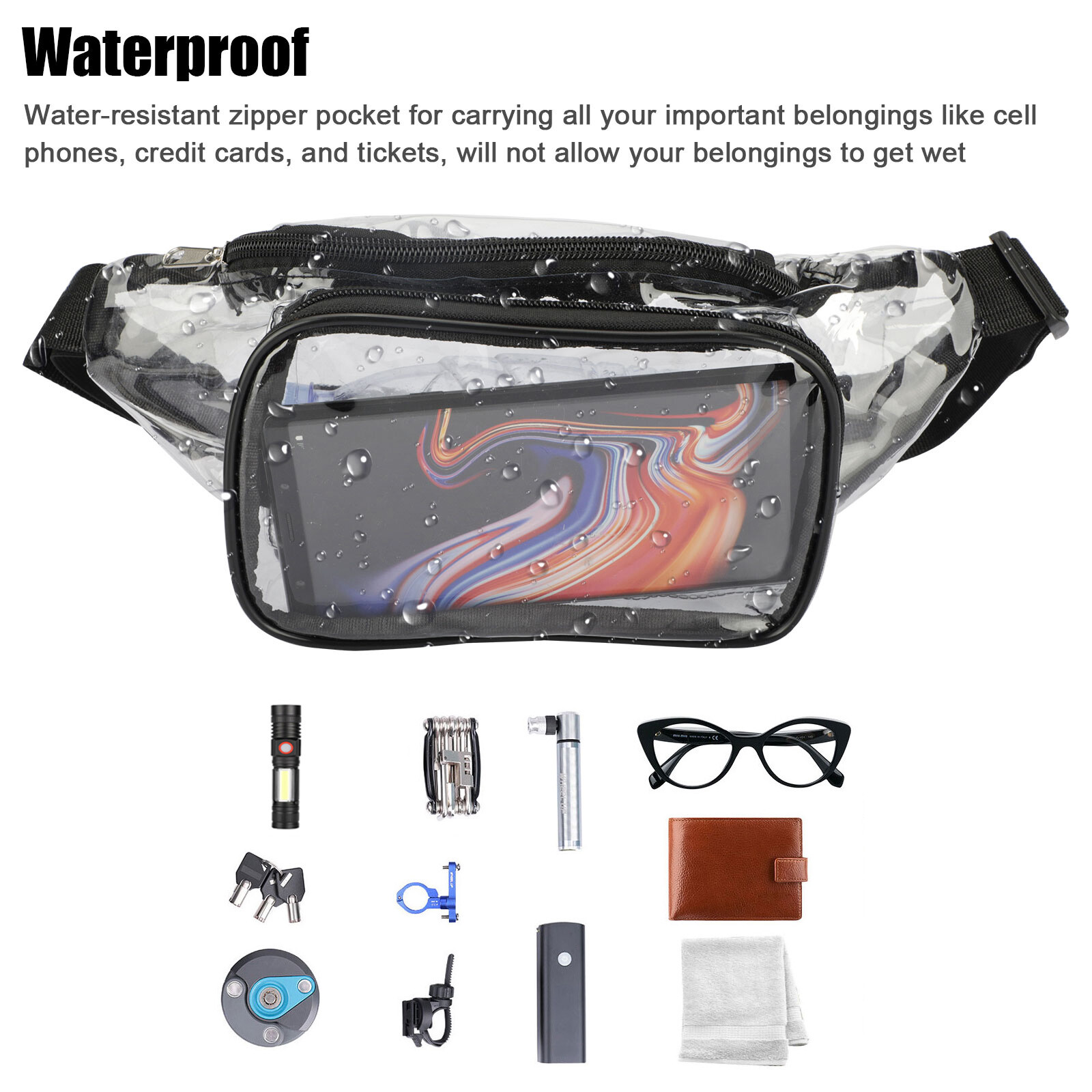 Waterproof Clear Waist Bag Transparent Zip Fanny Pouch Adjustable Strap Outdoor