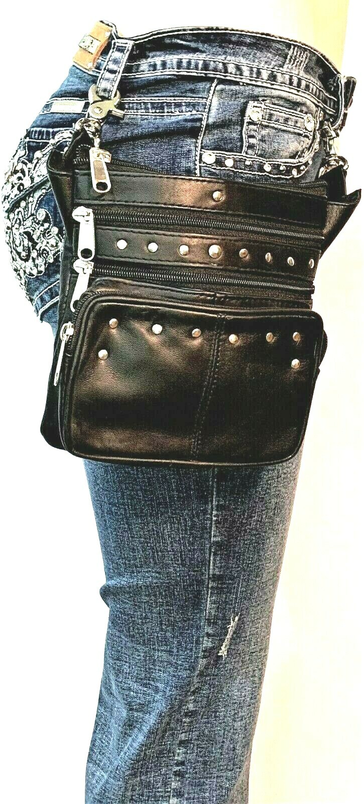 WOMEN’S S LEATHER STUDDED CLIP ON WAIST HIP BELT POUCH SHOULDER PURSE BAG