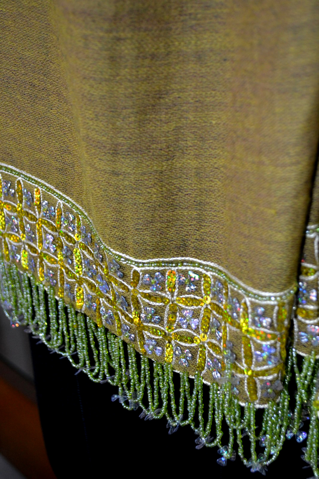moss/ navy reversible SEQUINS BEADS ON TASSELS PASHMINA SHAWL 100% CASHMERE