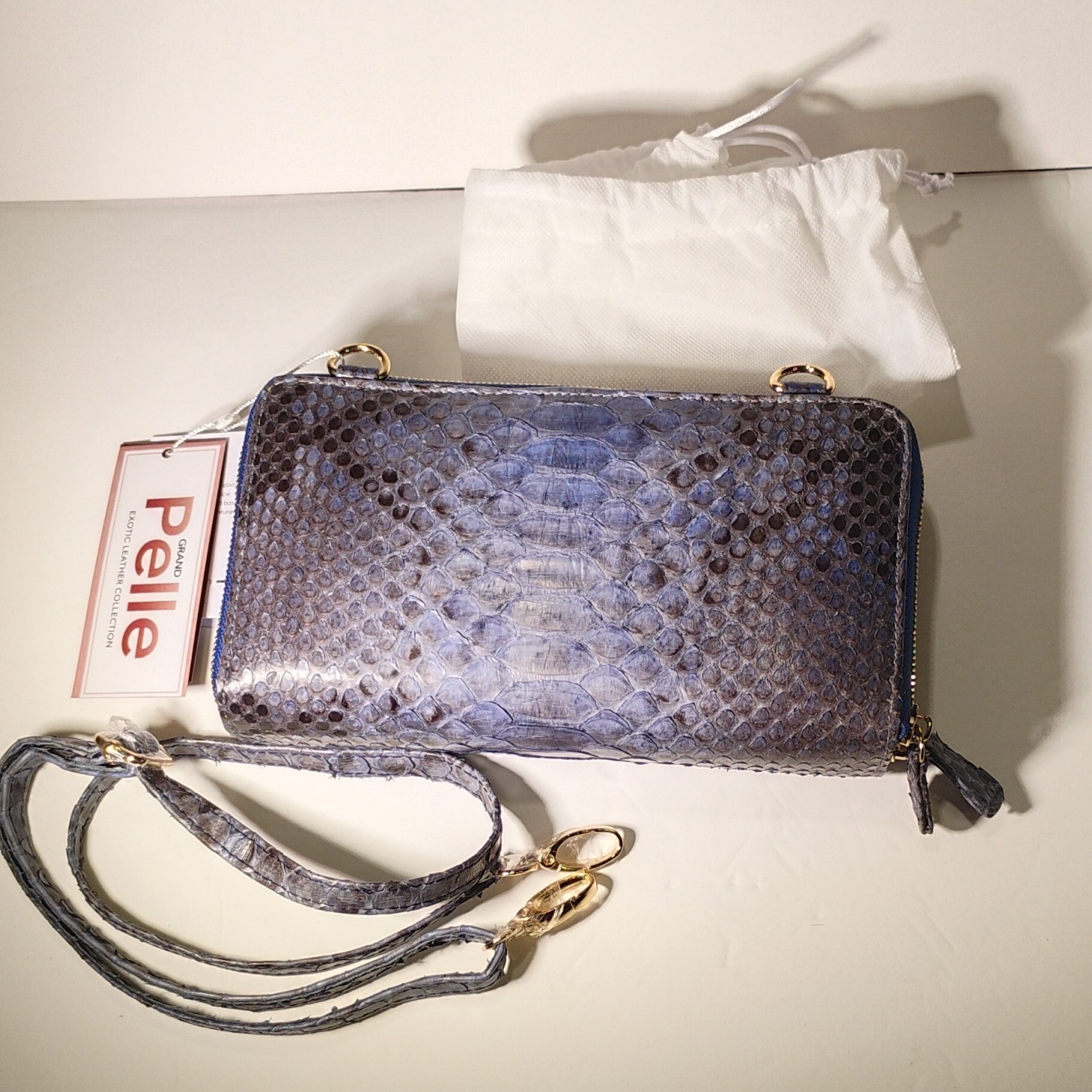 Grand Pelle Navy Python Snakeskin Crossbody Bag, Detachable Strap, Zip, Pockets