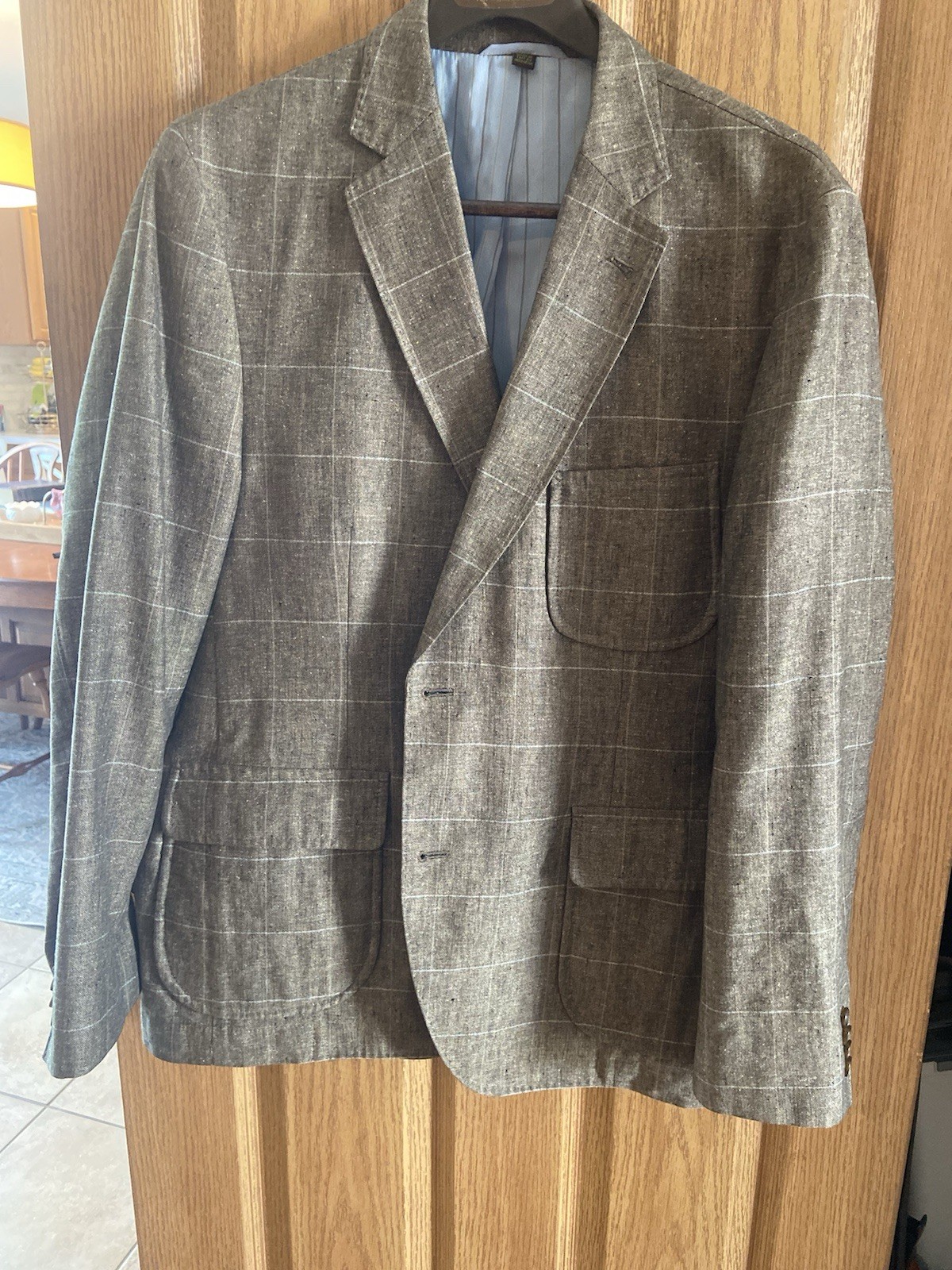 Kroon Men’s Linen & Silk Blazer 42R Brown & Blue Squares Hunting