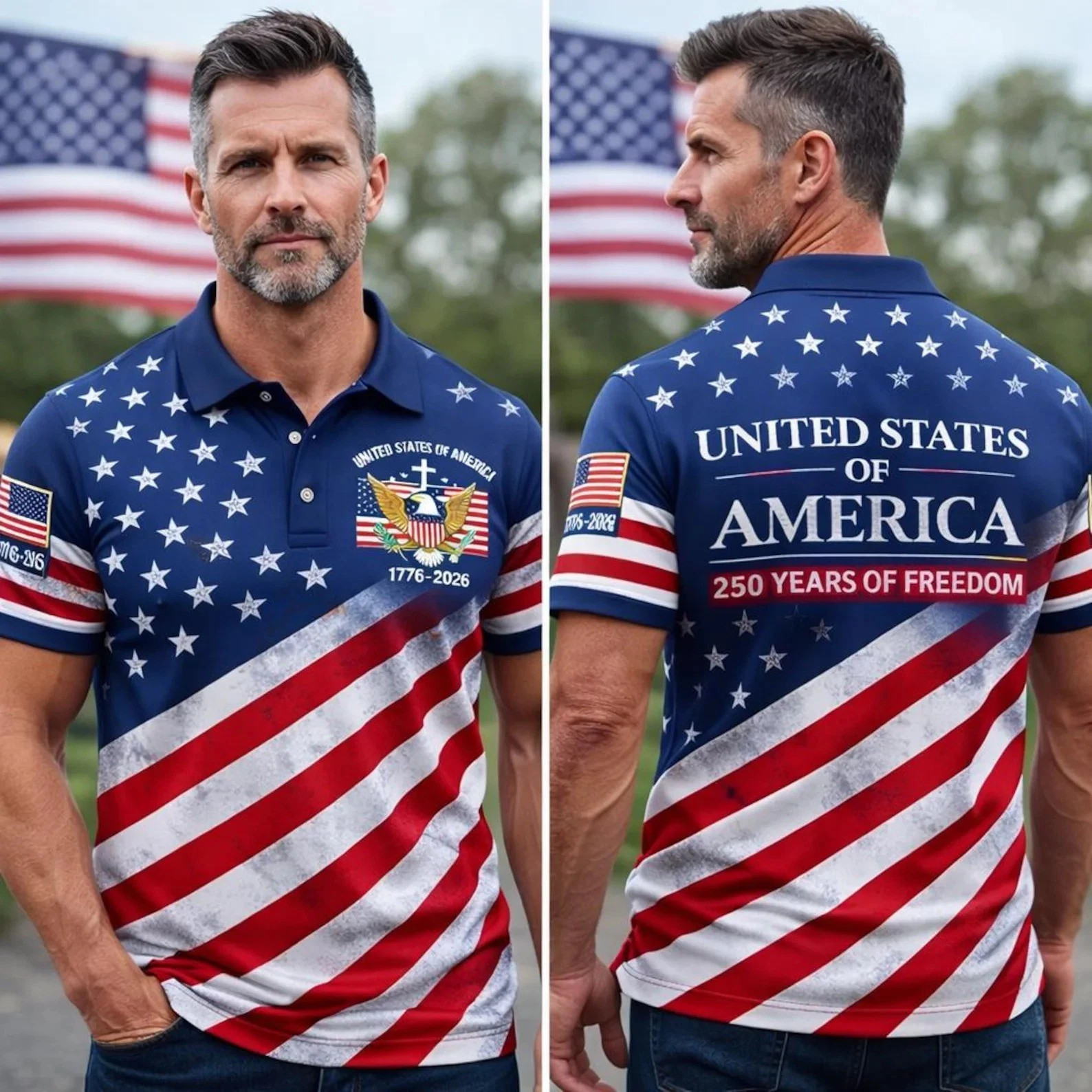 250th Anniversary Polo Shirt, Patriotic USA Flag Polo, 4th Of July Golf Shirt