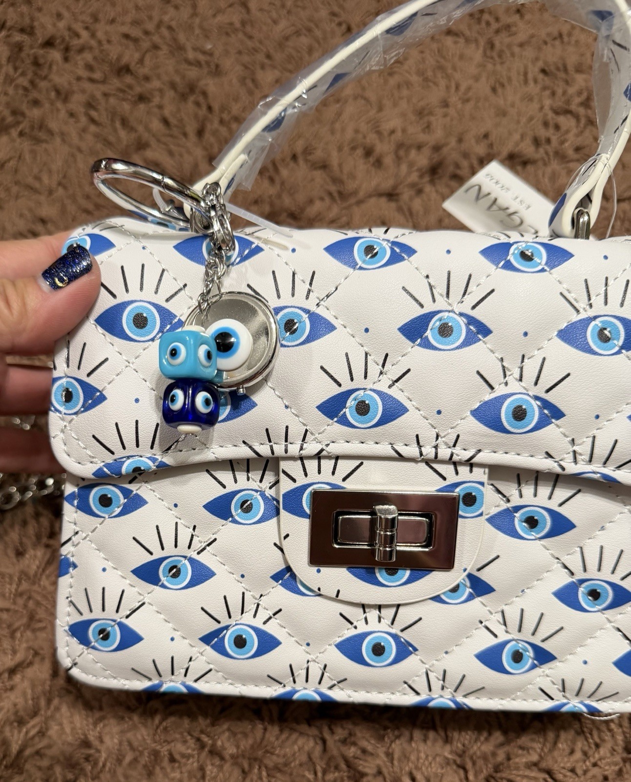New White 100% Vegan Leather Evil Eye Crossbody Bag Detachable Chain Straps