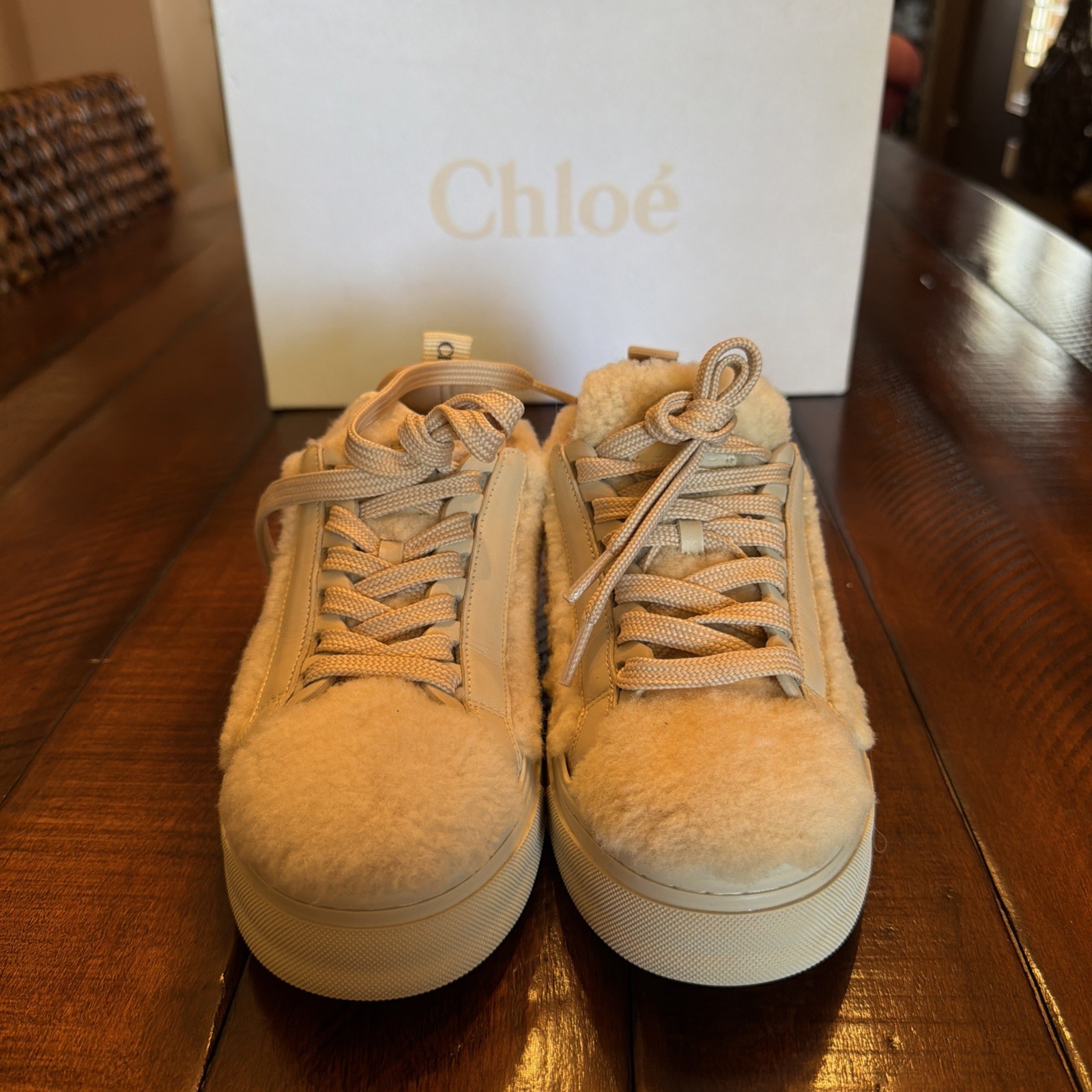 Authentic New Chloé Lauren Shearling Sneakers EU 37 US 7 Beige NIB Box Dust Bags