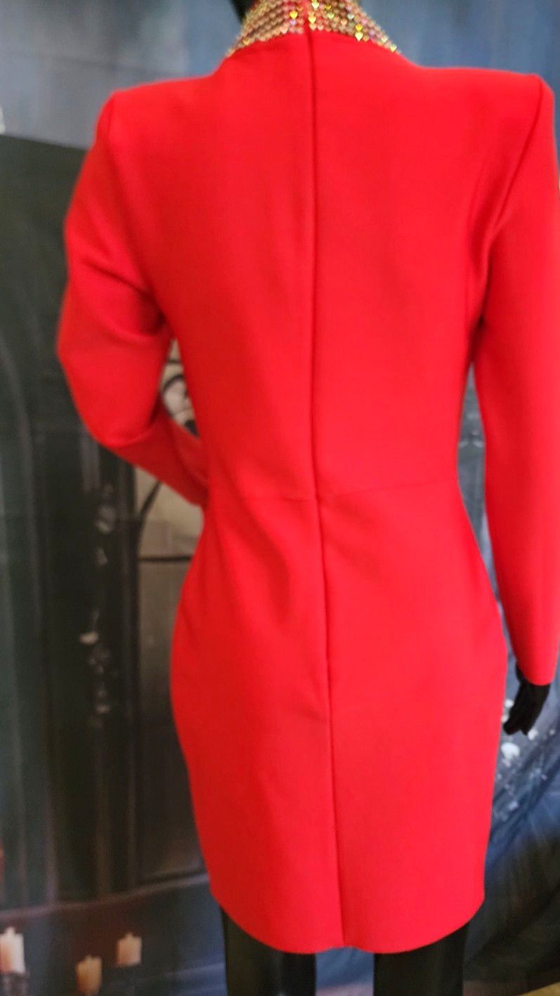 ❤️ Red Rhinestone Mesh Bodycon Cocktail Dress | Long Sleeve Deep V-Neck