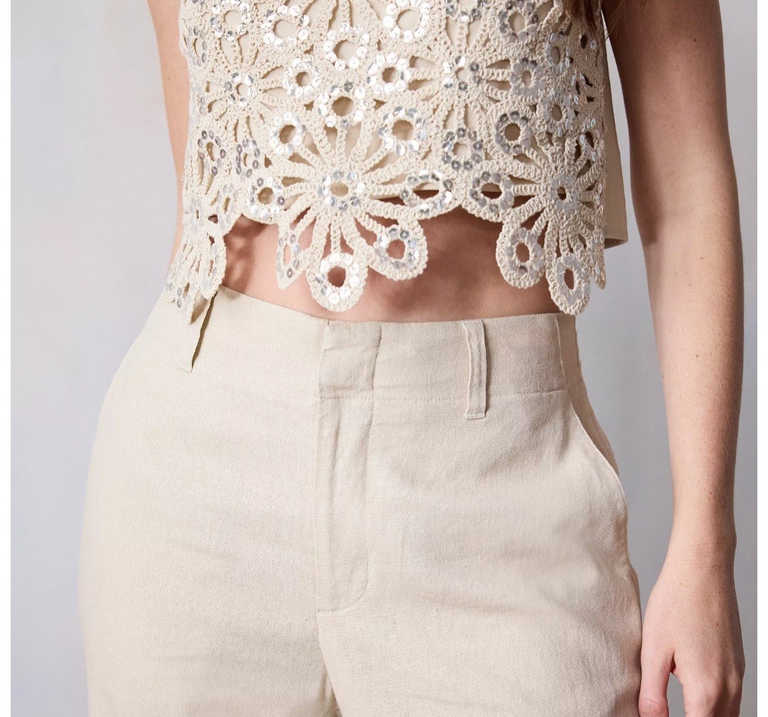 Lauren Conrad Tan Floral Crochet Sequin Sleeveless Tank Glam Boho Linen Blend M