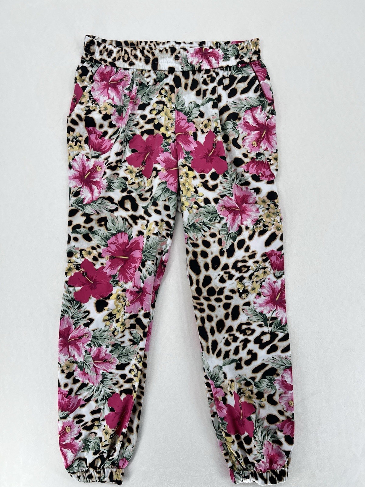 Boston Proper Floral Animal Print Jogger Pants Elastic Waist Polyester