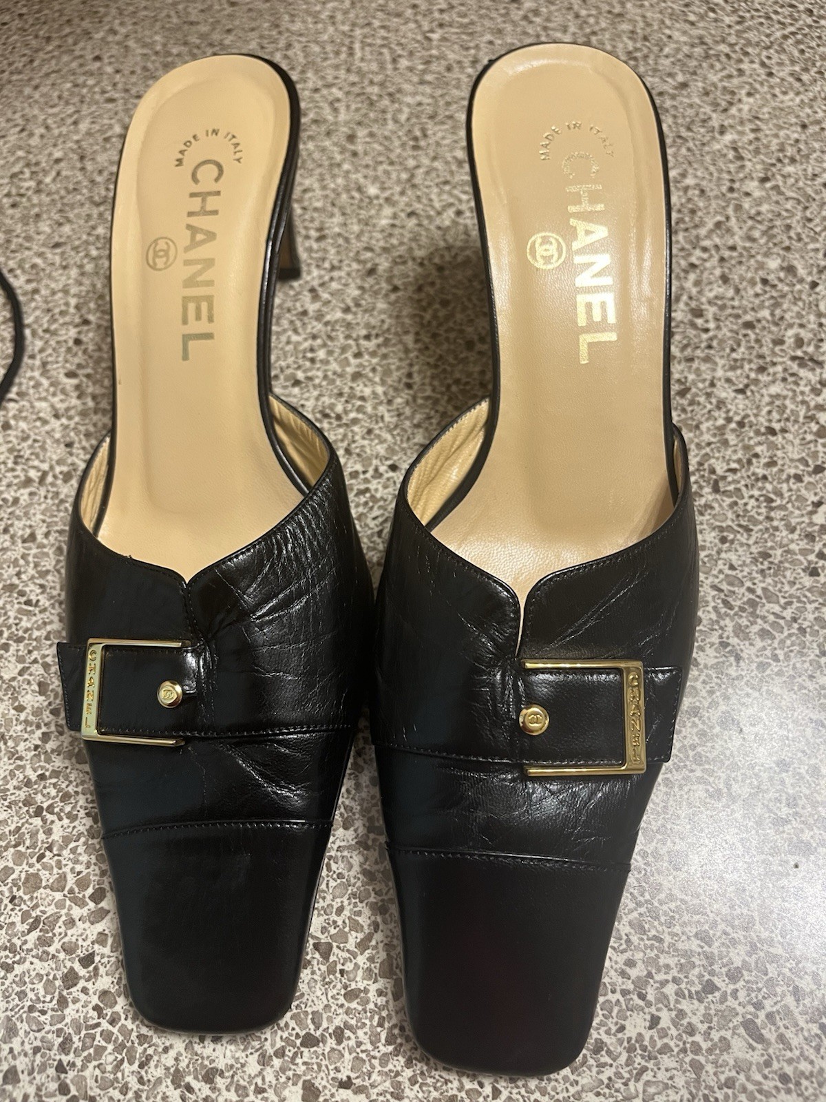 Vtg Chanel Black Leather Logo Buckle Mule Heels 35 1/2