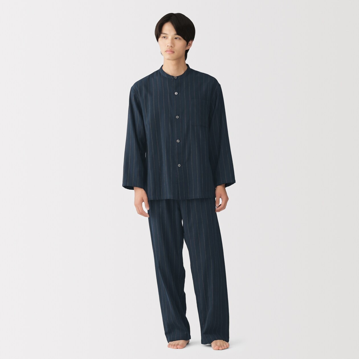 MUJI Mens 100% Organic Cotton Double Gauze Stand Collar Pajamas Navy StripeFedEx
