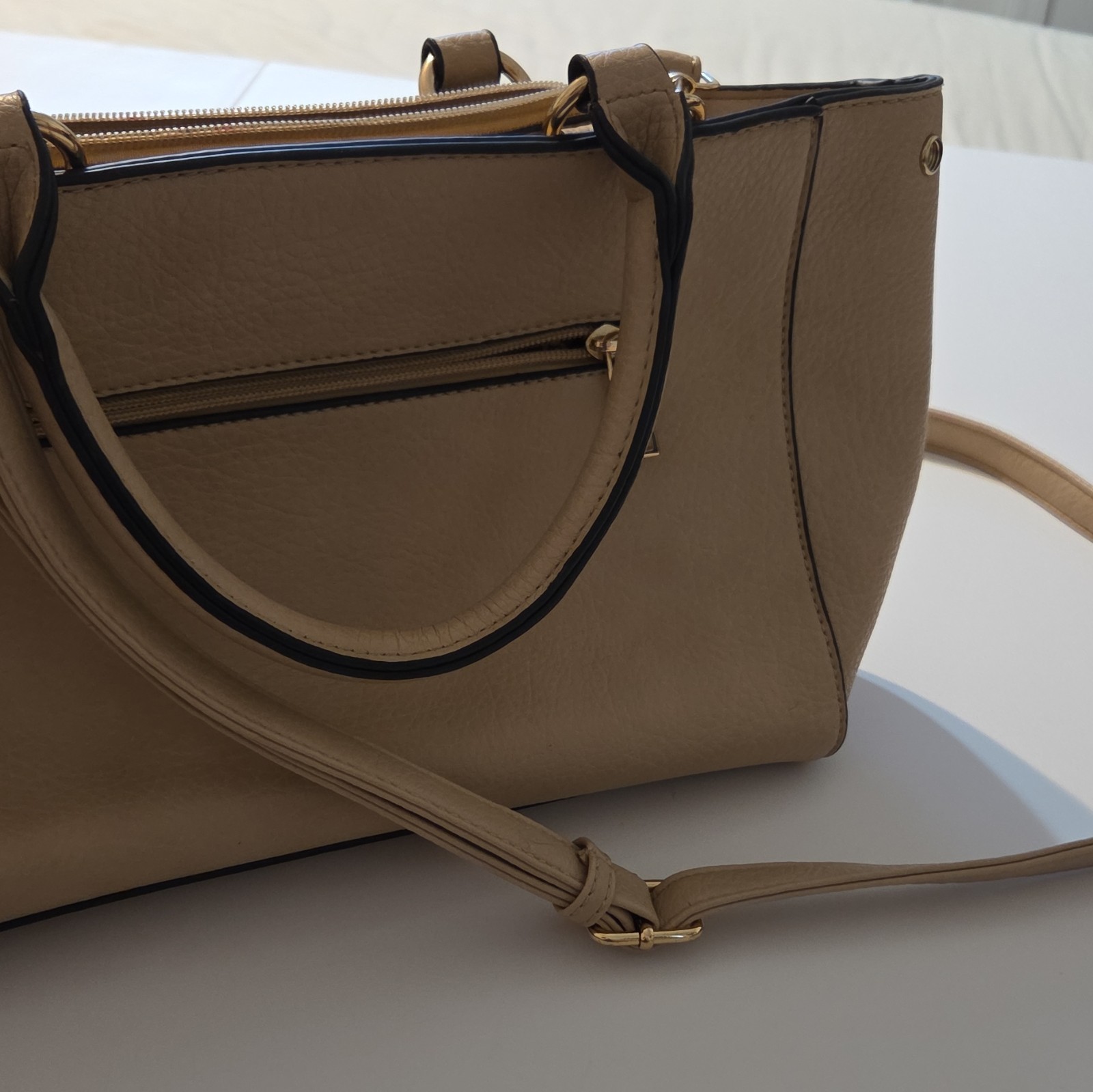 Beige Pebbled Satchel Top Handle Bag Double Handles Zip Turn Lock Strap