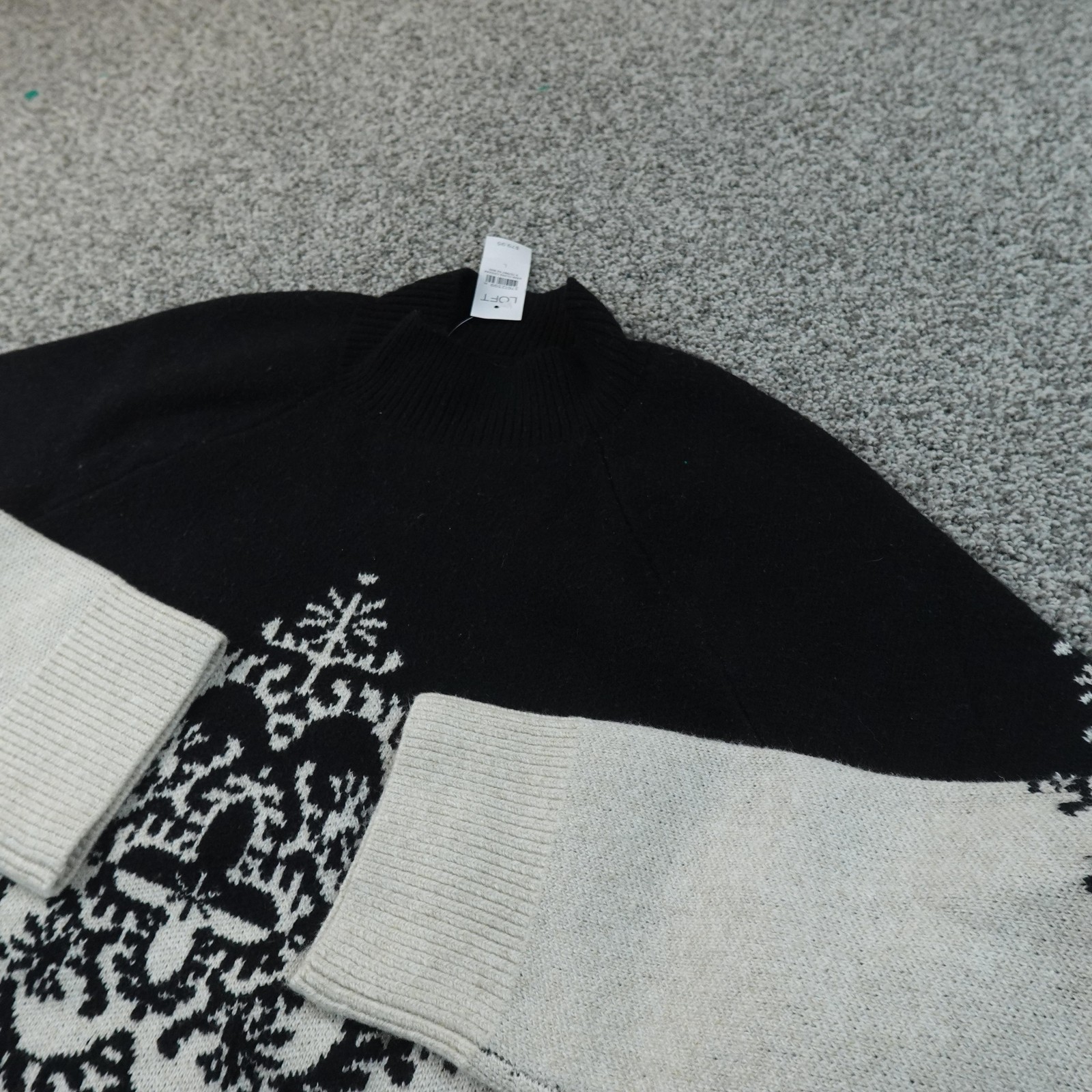 NEW LOFT Sweater Womens L Gray Black Fair Isle Nordic Mock Neck Knit Pullover