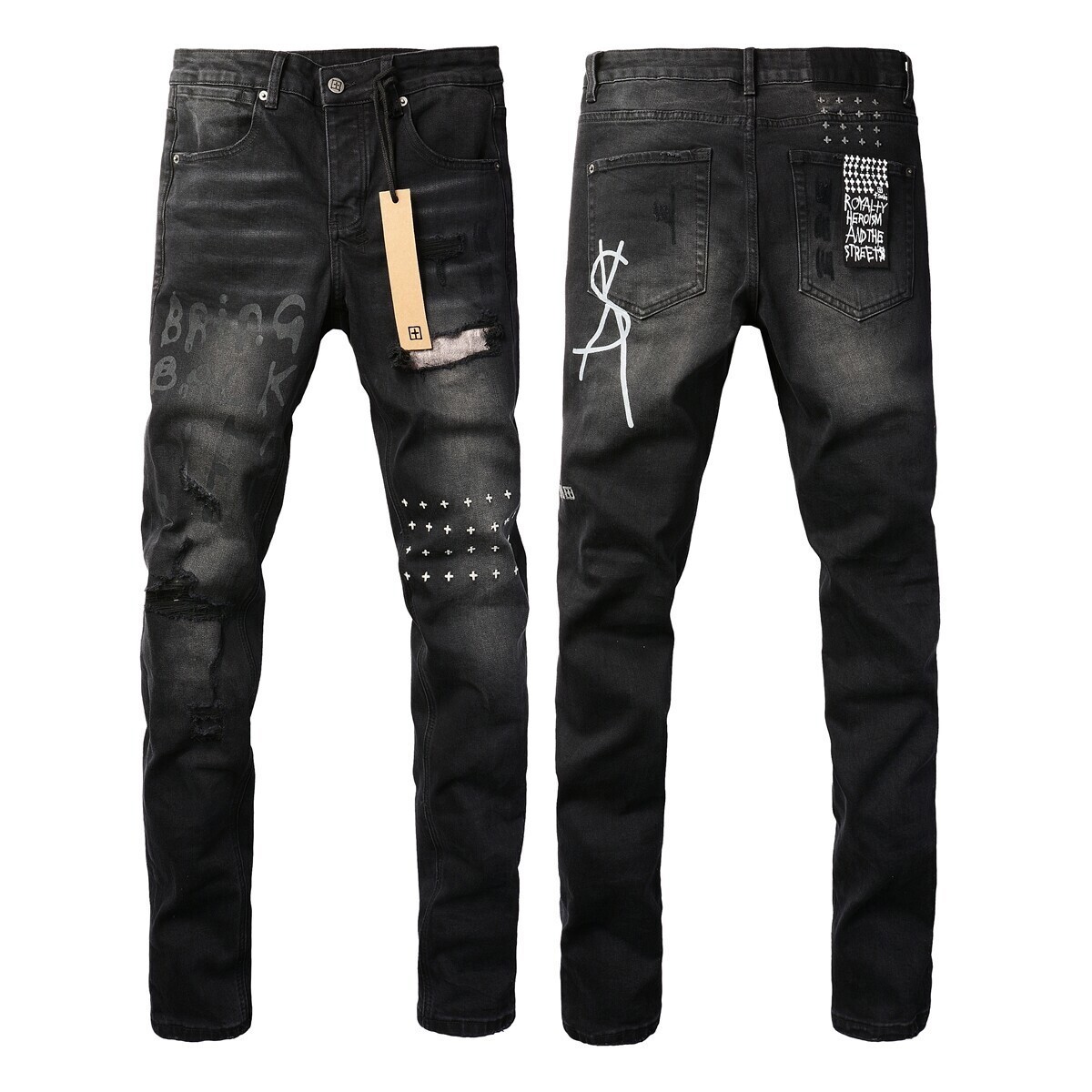 NEW KSUBI Men’s Black Letter Printing Ripped Pants High Street Fashion Jeans