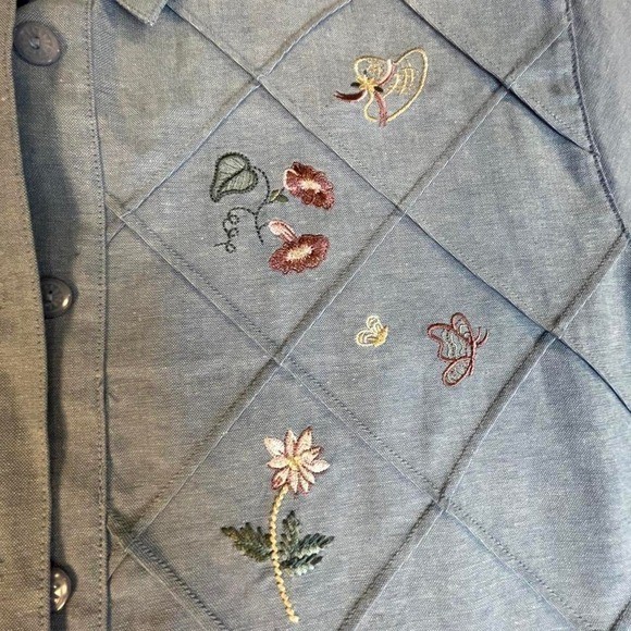 Stephanie K blue diamond pattern button-up embroidered flowers, butterflies XL