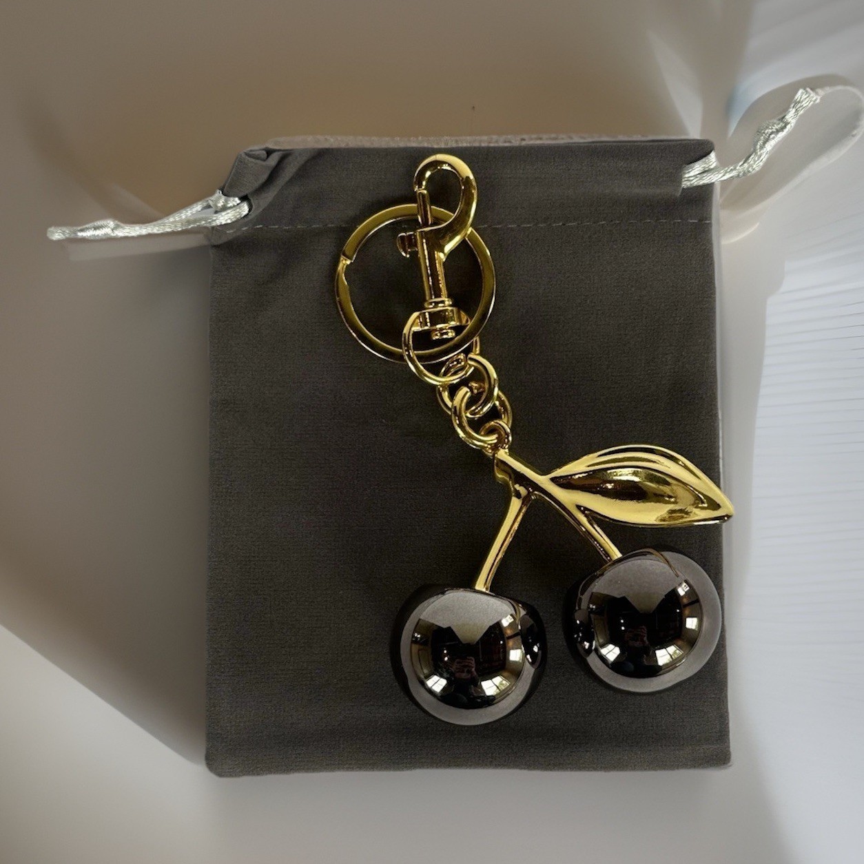 Mirrored Gunmetal Gray Cherry Bag Charm | GOLD Keychain+Premium Velvet Dust Bag