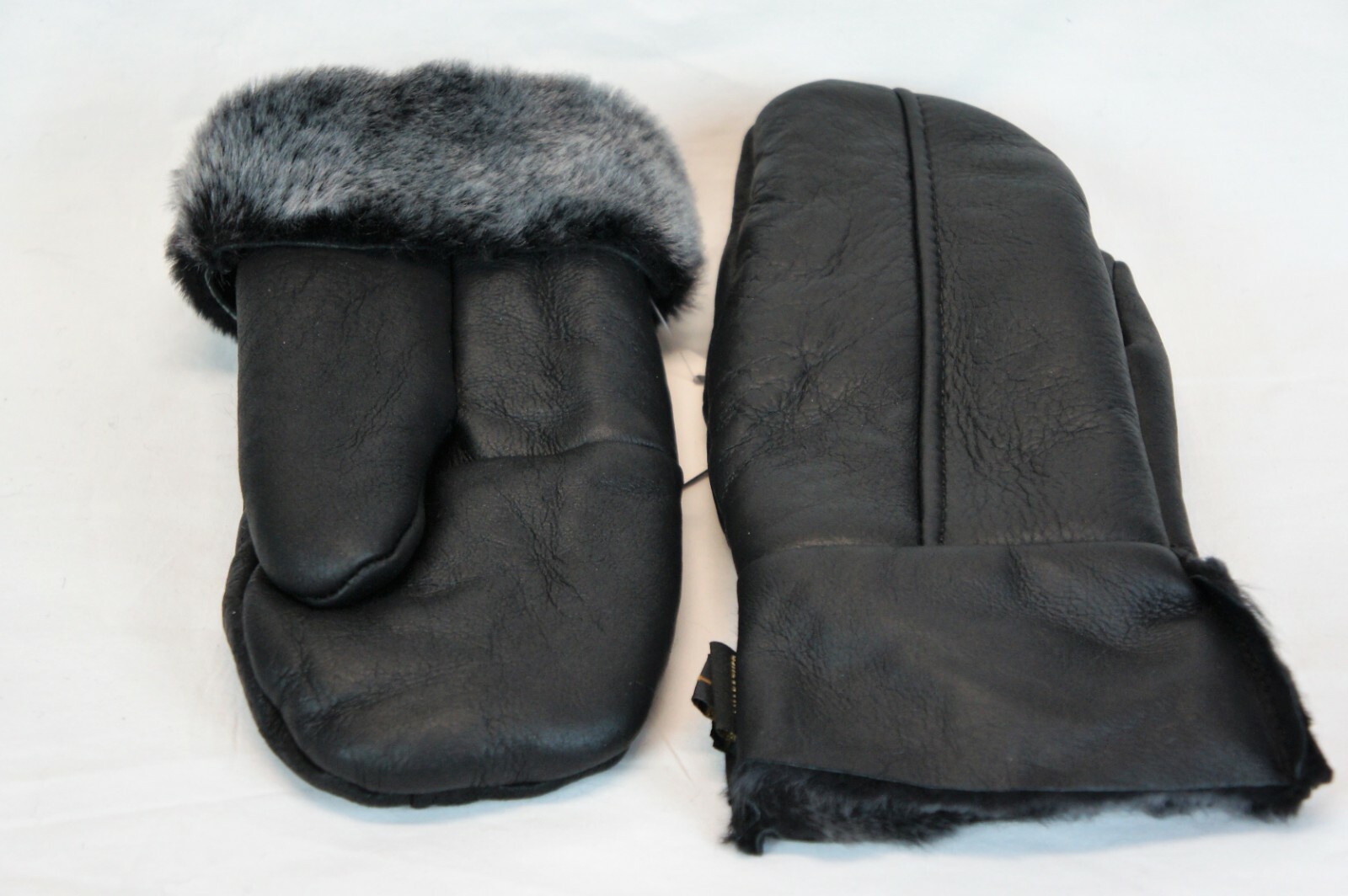 REAL GENUINE SHEEPSKIN SHEARLING LEATHER MITTENS UNISEX BLACK / GRAY ASH S-2XL