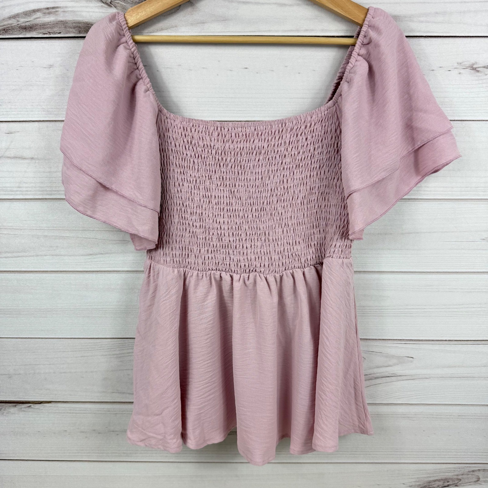 LYANER Smocked Top Ruffle Flutter Sleeve Square Neck Blouse L Womens