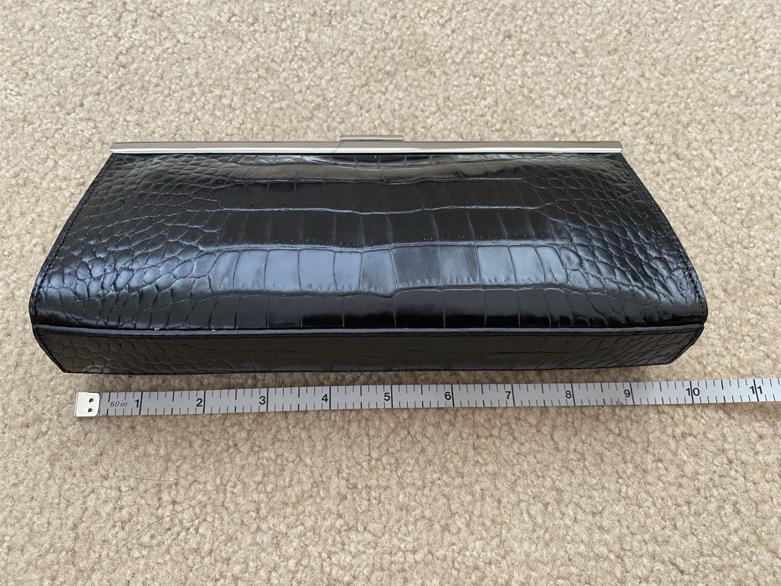 Ann Taylor Black Croc Embossed Clutch w/ Silver Chain Strap, Clasp, Pockets