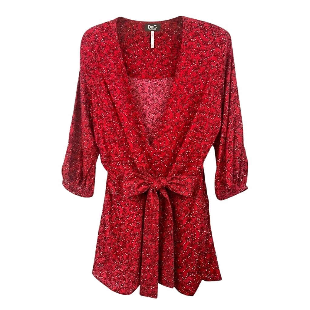 Free People Red Floral Print Tie Front Wrap Tunic Top XS 3/4 Sleeve Viscose