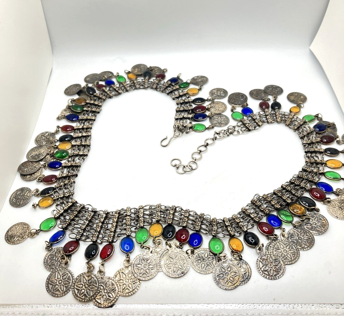Vintage Silver-Toned Belly Dancer Belt with Multi-Color Cabochons 37″-41″