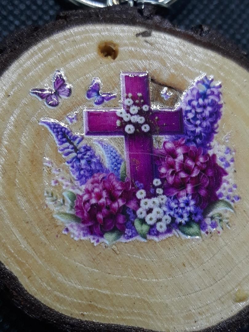 Beautiful Handmade Purple Flowers & Butterfly Wood Round Keychain Tag