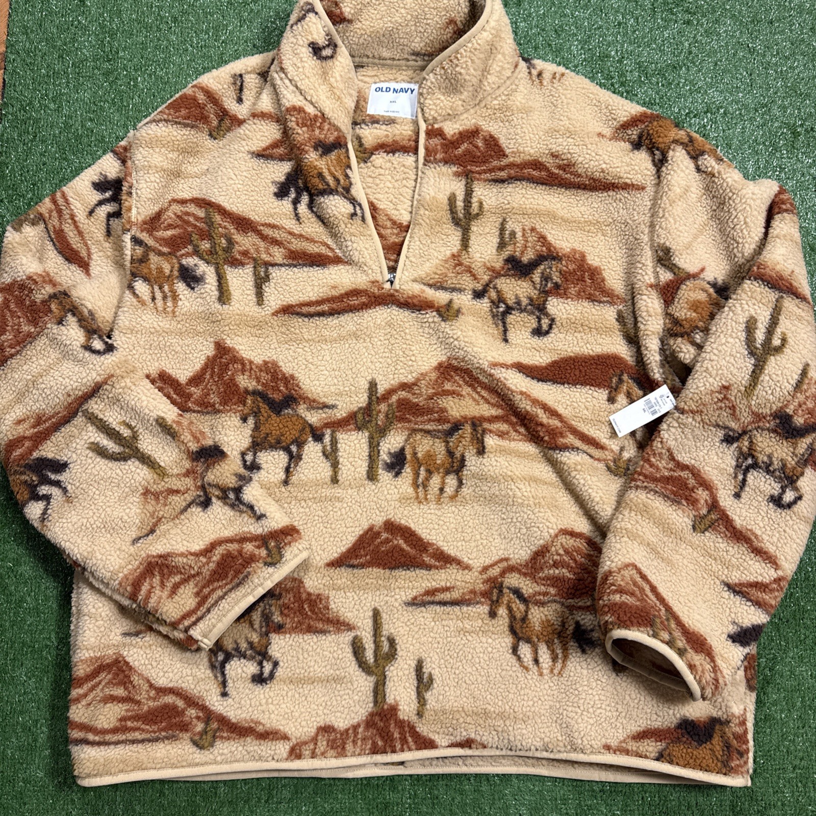 NEW Old Navy Horse Print Sherpa Quarter Zip Pullover Mens 2XL Tan Brown Pockets