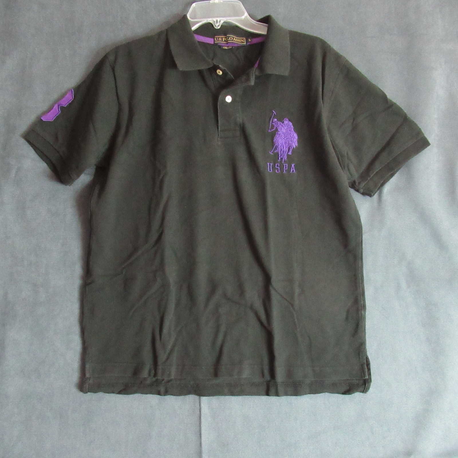 US Polo ASSN Shirt Mens Large Black Purple Polo Preppy Casual Big Logo Sports