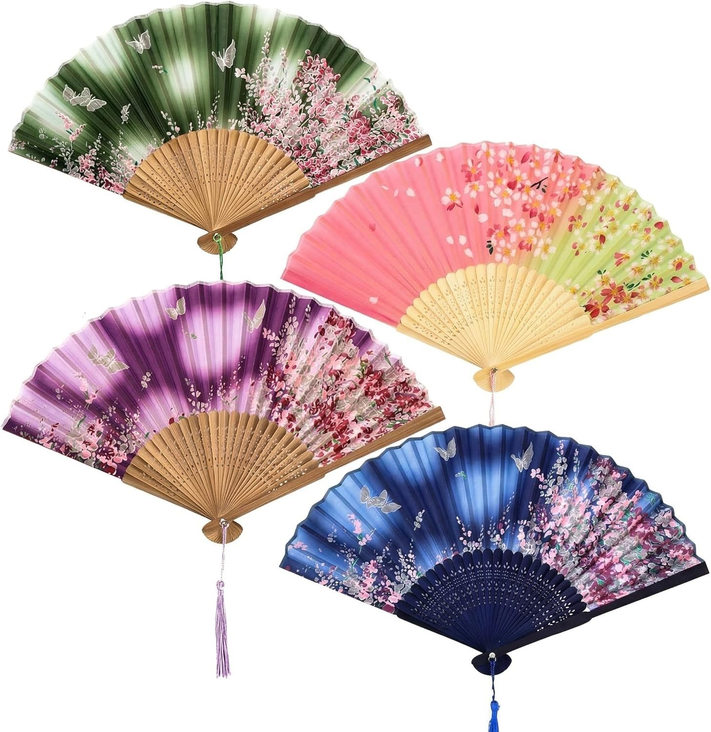 4Pcs Abanicos Tela Flores Plegables con Borlas Boda Elegante Invitados Chino
