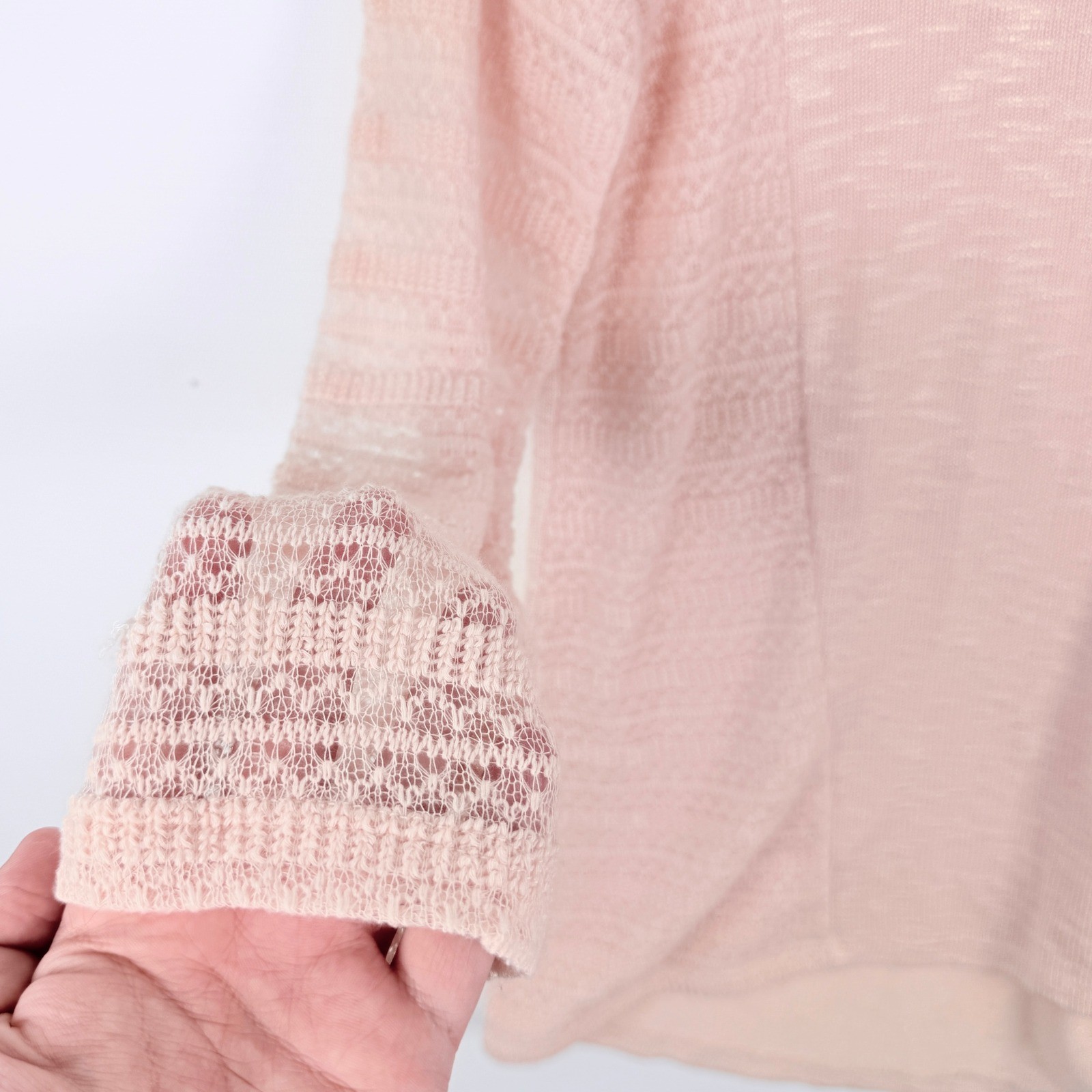 Womens Peach Pink Open Knit Crochet Sleeve Sweater Top Size M Long Sleeve Boho