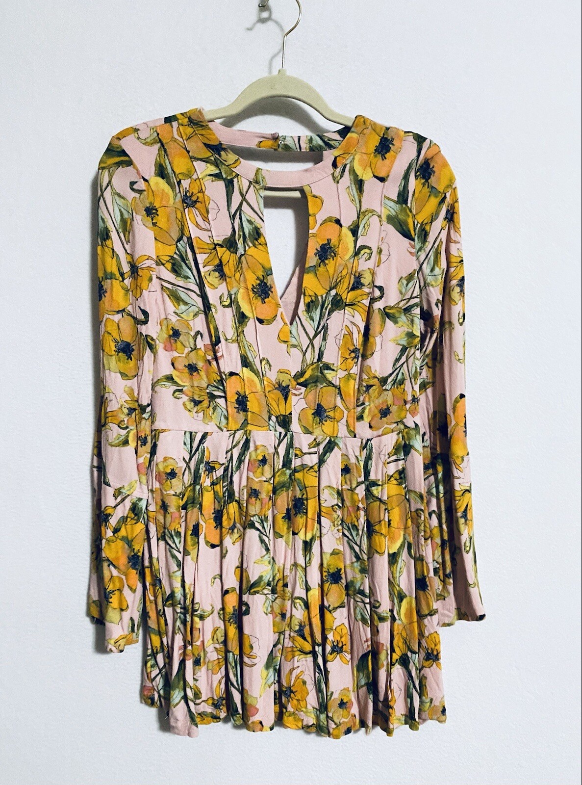 Free People Womens 4 Tegan Mini Dress Floral Print Slit Bell Sleeves Boho
