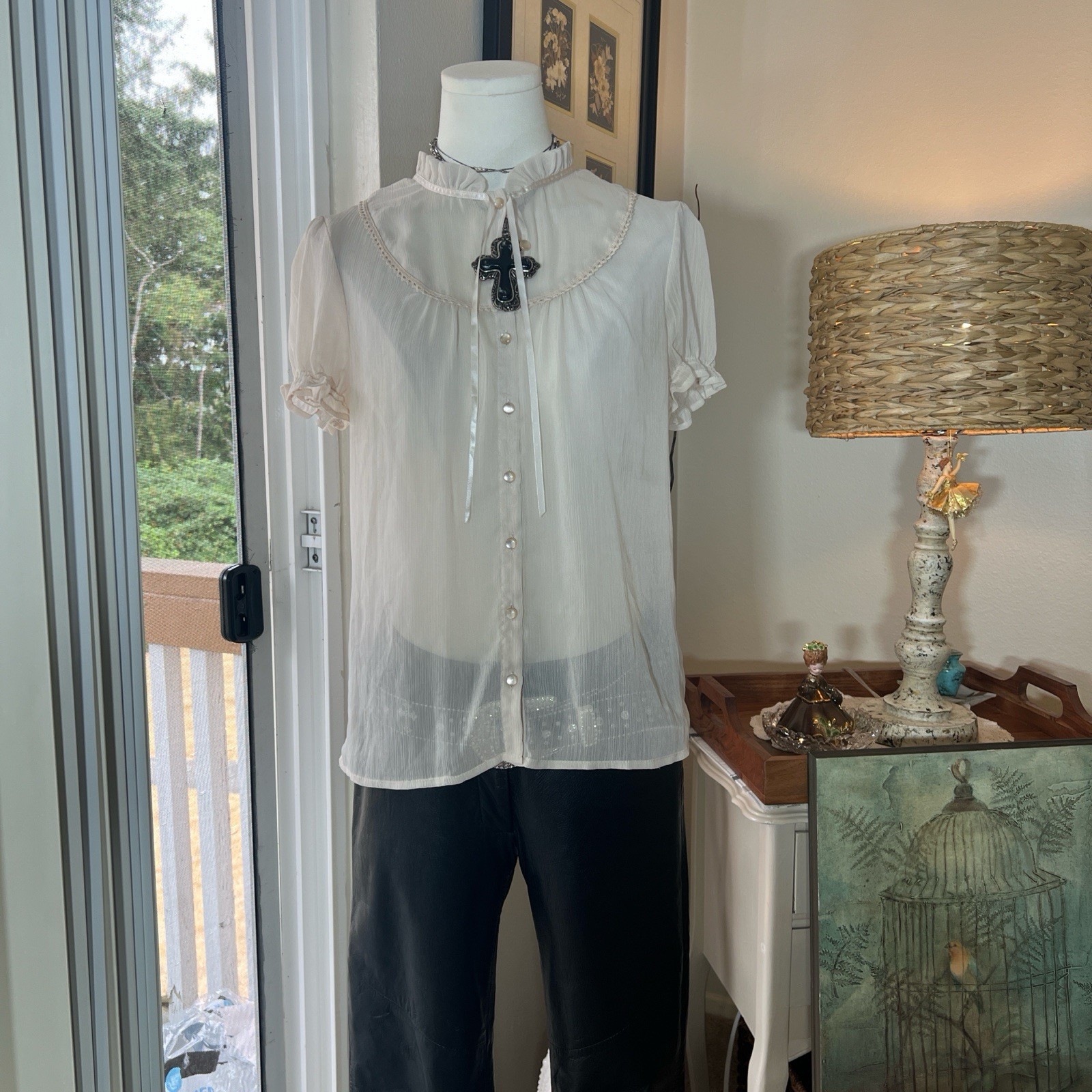 Y2K Divided Victorian Sheer Button Up Lace Trim Coquette Fairy Whimsey Blouse