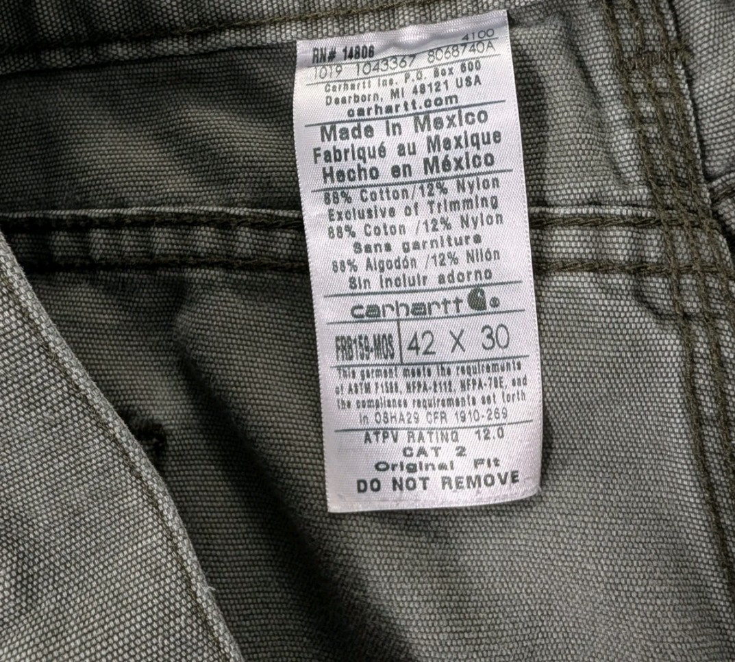 Carhartt FR Work Jeans CAT 2 Size 42×30 Green Original Fit Straight Leg Pants