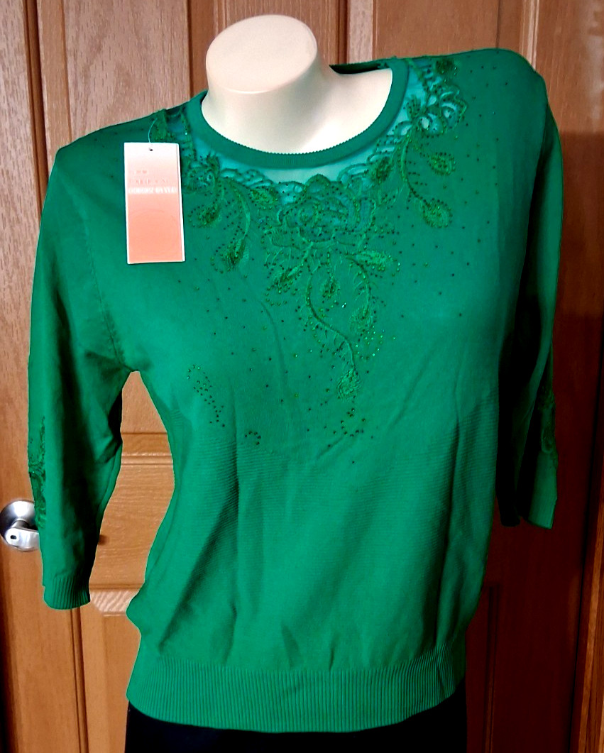 Ouluolai Design Green Sweater Scoop Neck Bracelet Sleeves Beads Embroidery NWT