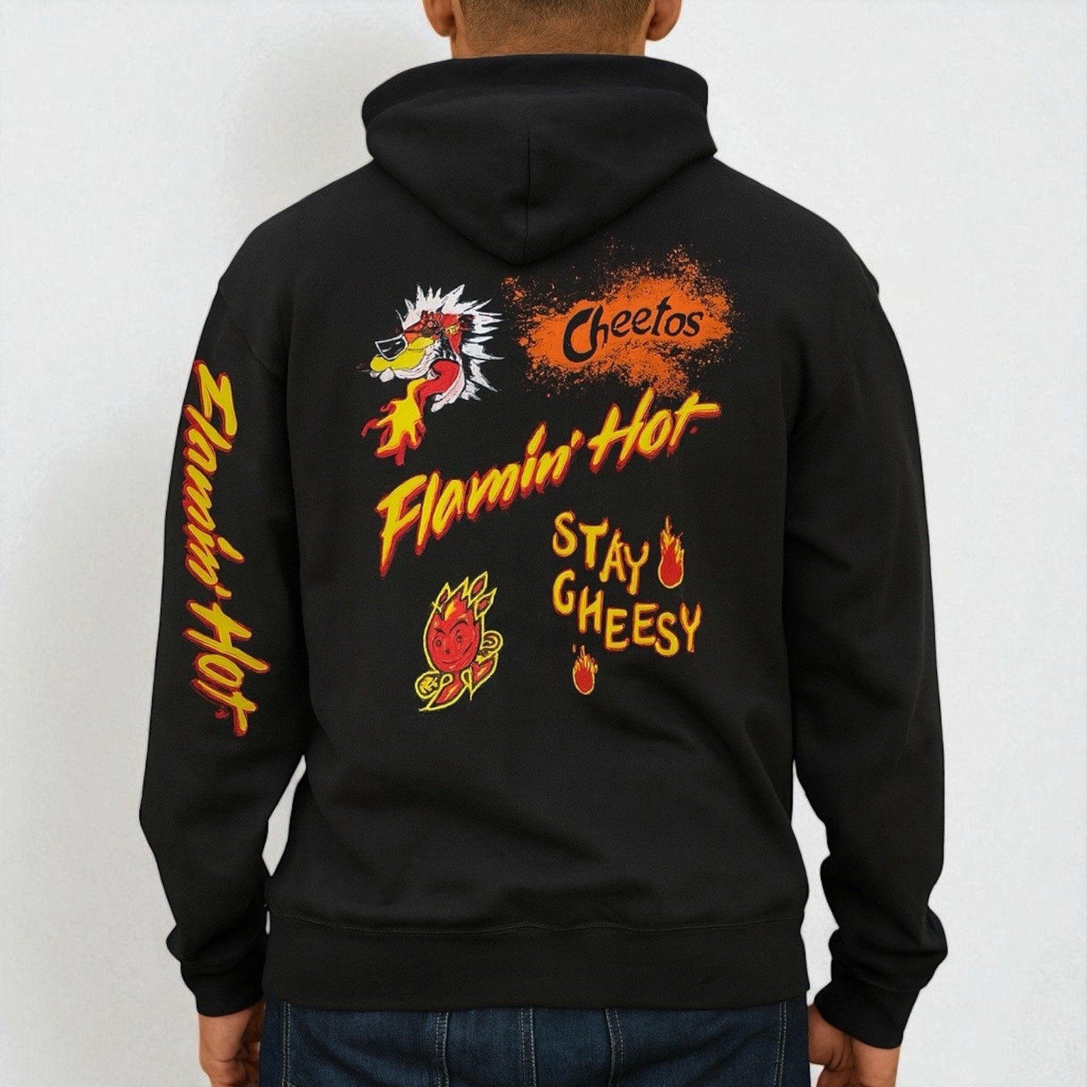 Cheetos Flamin Hot Hoodie Mens M Black Graphic Streetwear Pullover Sweatshirt