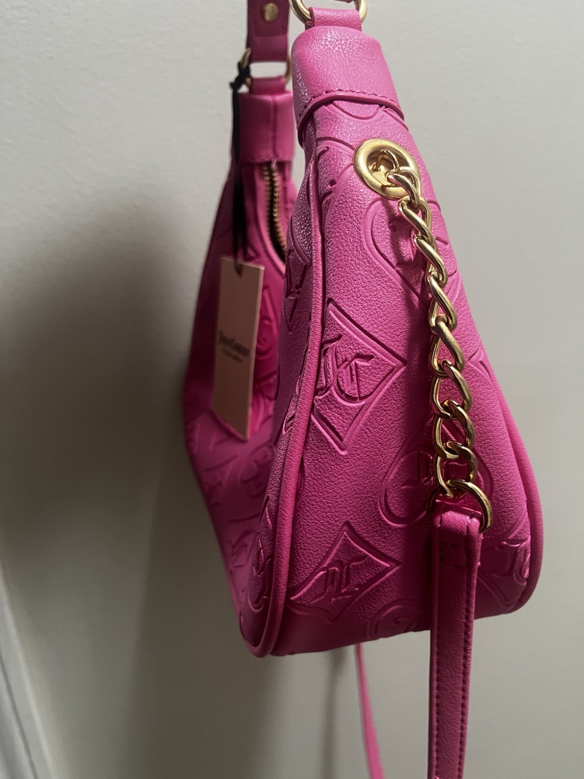 Juicy Couture Pink Embossed Logo Hobo Shoulder Bag Rhinestone Heart Charm Zip