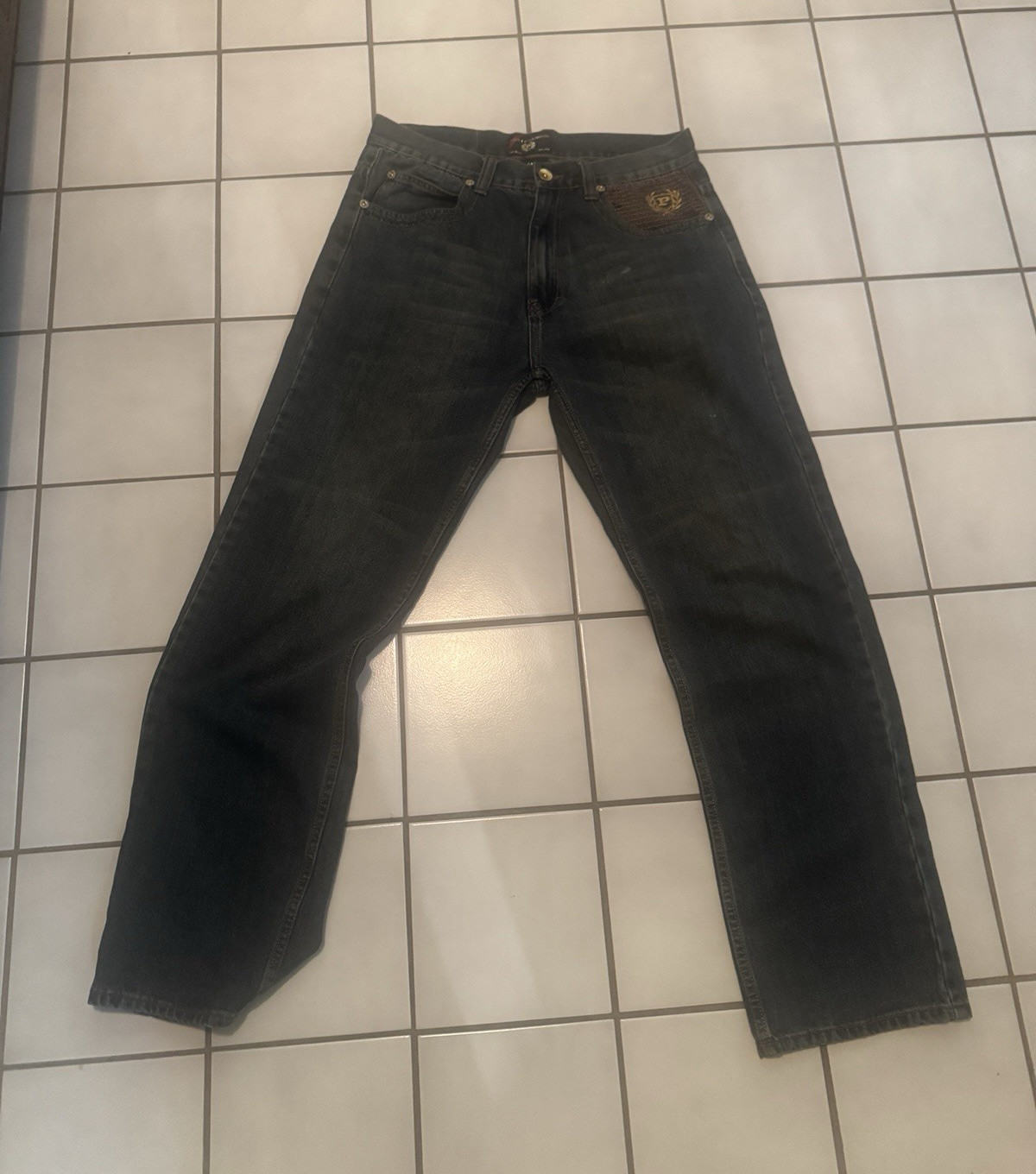 Phat Classics Men’s Dark Wash Blue Denim Straight Jeans Logo 5-Pocket Button