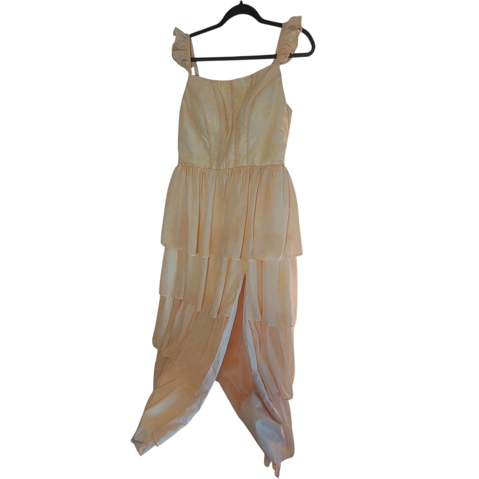 Ao Yan Butter Yellow Tiered Ruffled Maxi Formal Dress Prom Gown NWT Size S